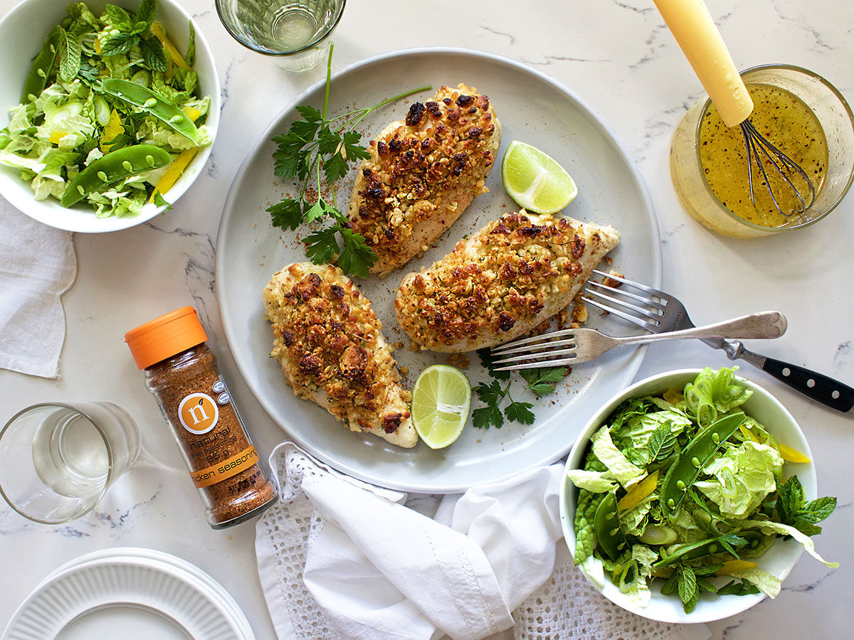 Macadamia Crusted Chicken with Summer Slaw